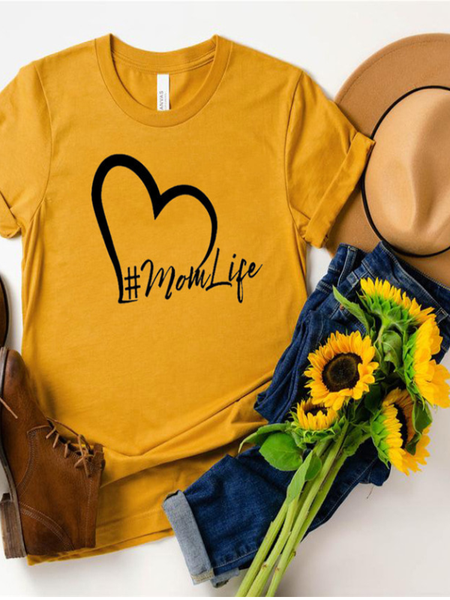 Printed Short Sleeve Crew Neck Letter T-shirt, Yellow, T-Shirts