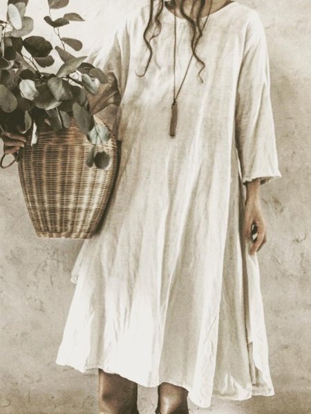 

Vintage Plain Plus Size Long Sleeve Casual Dress, White, Dresses