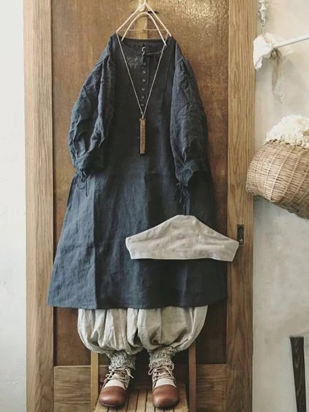 

Vintage Plain Plus Size Long Sleeve Casual Weaving Dress, Navy blue, Dresses