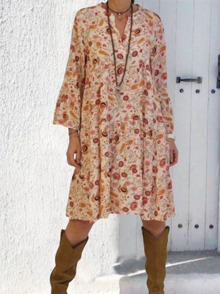 

Casual Vacation Floral Vintage V-neck Summer Dress, Brown, Dresses