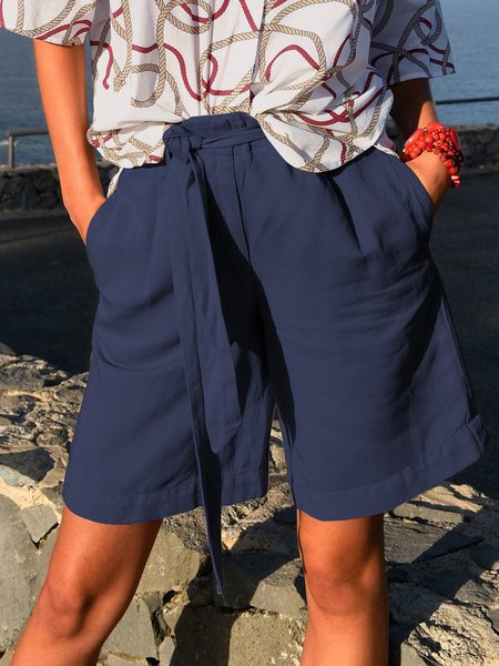 

Solid Pockets Shorts Women Wide Leg Shorts, Navy blue, Shorts
