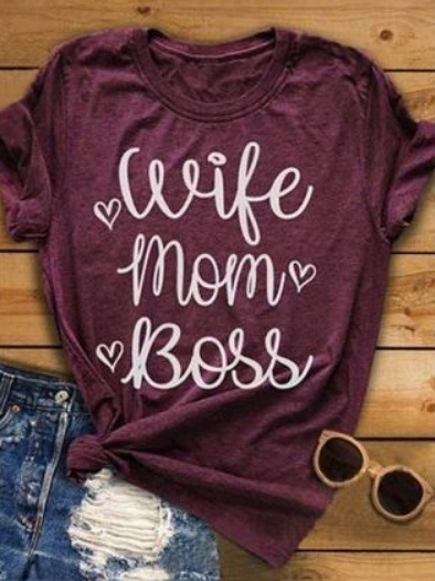 

T-Shirt a Girocollo Lettera Casuale, Vino rosso, T-Shirts