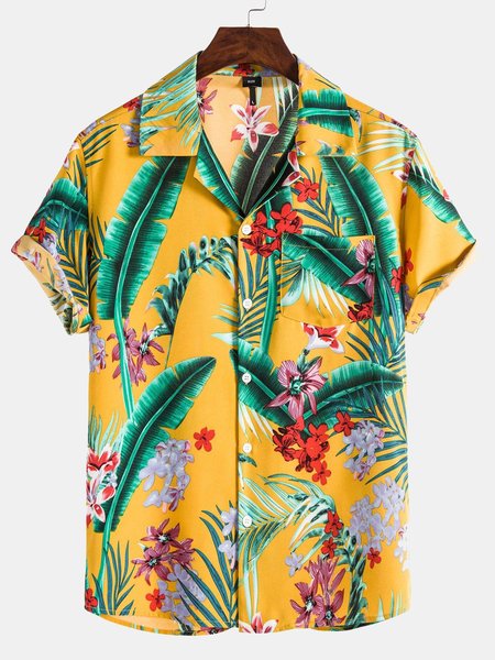 

Summer Beach Holiday Leaves & Flowers Printed Short Sleeve Men's Shirts & Tops, Yellow, Men's Top