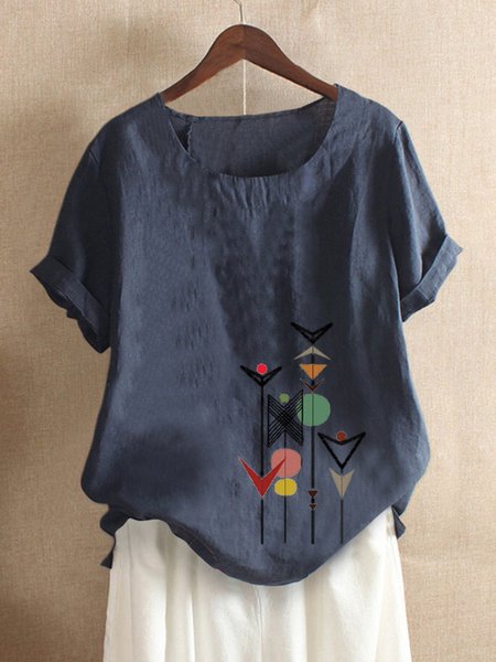 T-Shirt a Girocollo Casuale Stampato Floreale, Blu marino, Tops