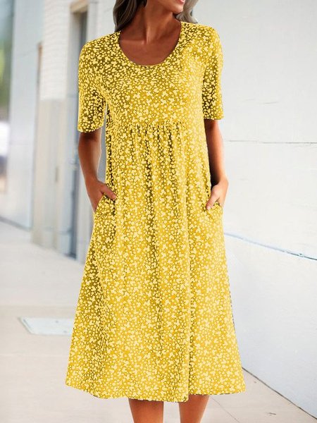 

Ditsy Floral JFN Round Neck Pocket Vacation Midi Dress, Yellow, Casual Dresses