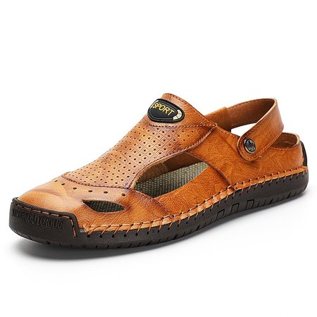 

JFN Men Cow Leather Non Slip Hand Stitching Soft Sole Casual Sandals, Yellow brown, Men's Shoes