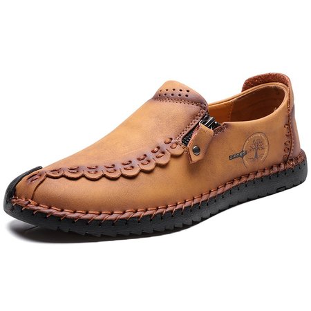 

Men Large Size Non-slip All Season Zipper Leather Casual Shoes, Light brown, Men's flat & loafers