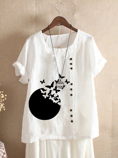 

Camicetta a Girocollo Stampato Floreale Casuale, Bianco, Tops