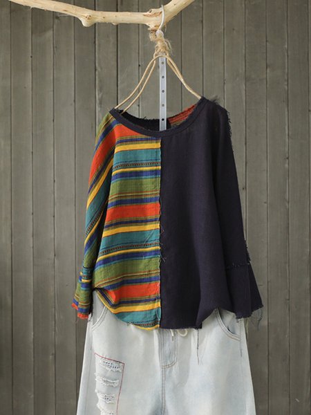 

T-Shirt a Righe Patchwork, Blu marino, Tops
