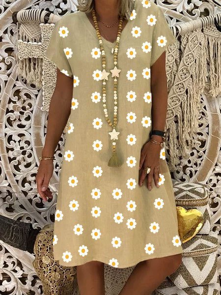 

Abito con Scollo a V Floreale di Misto Cotone, Cachi, Summer dresses