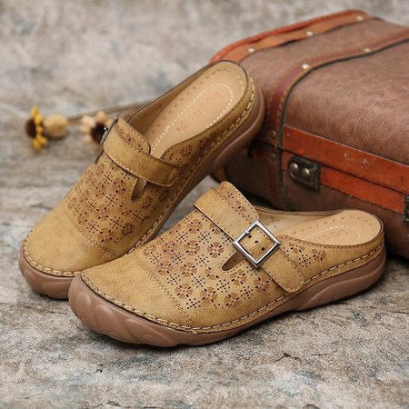 

Women Casual Summer Daily Slip On Closed Toe Hollow Out Comfy Sandals, Tan, Sandals