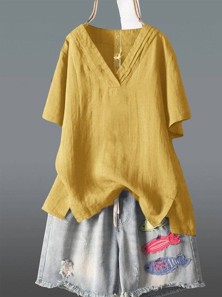 

Casual V Neck Plain T-shirt, Yellow, Tops