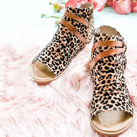 

Sandali Casuale con Cerniera in Pelle, Leopardo, Sandals