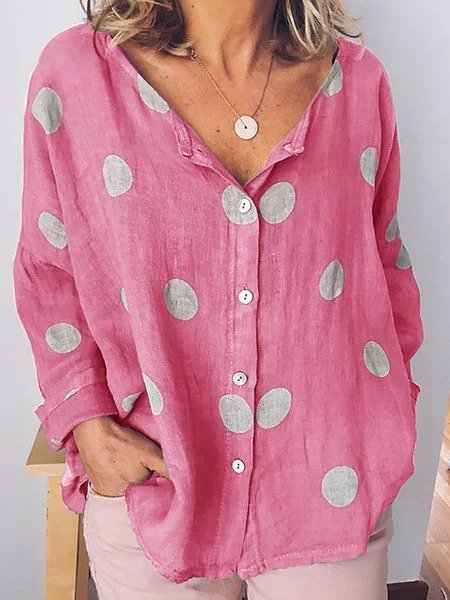 

Casual Polka Dots Buttoned Plus Size V Neck Long Sleeve Blouse, Pink, Blouses & Shirts