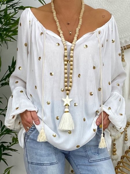 

Camicetta con Scollo a V Stampata, Bianco, Tops
