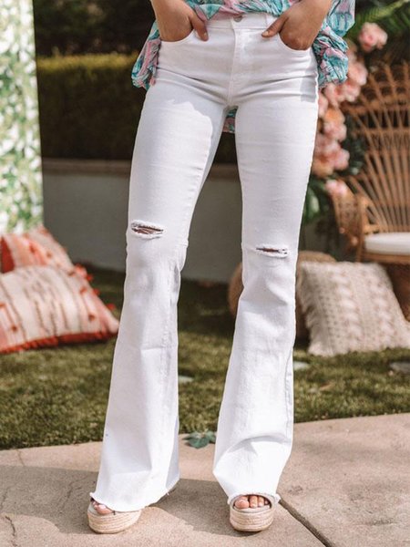 

Pantaloni Strappato Denim Casuale, Bianco, Bottoms