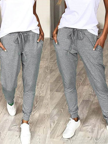 

Gray Striped Casual Pockets Lace up Pockets, Pants