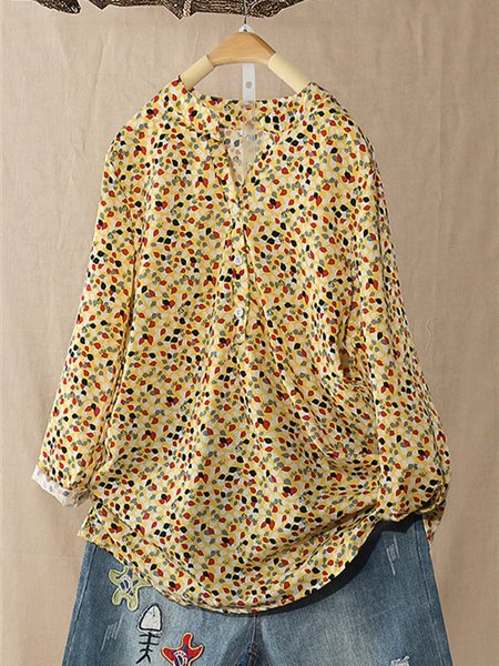 

3/4 Sleeve Floral-Print Casual Blouse, Yellow, Tops