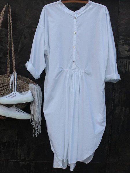 

Long Sleeve Cotton-Blend Plain Weaving Dress, White, Email discount