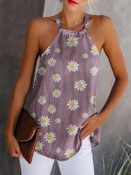 

Summer casual daisy print off-shoulder T-shirt, Purple, Tops