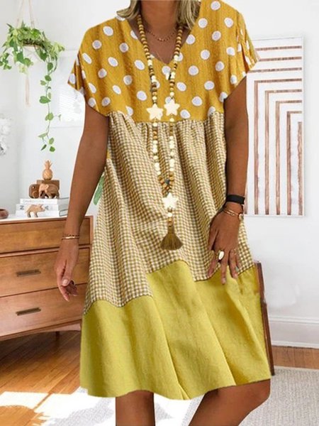 

A-Line V Neck Casual Short Sleeve Dresses, Yellow, Dresses