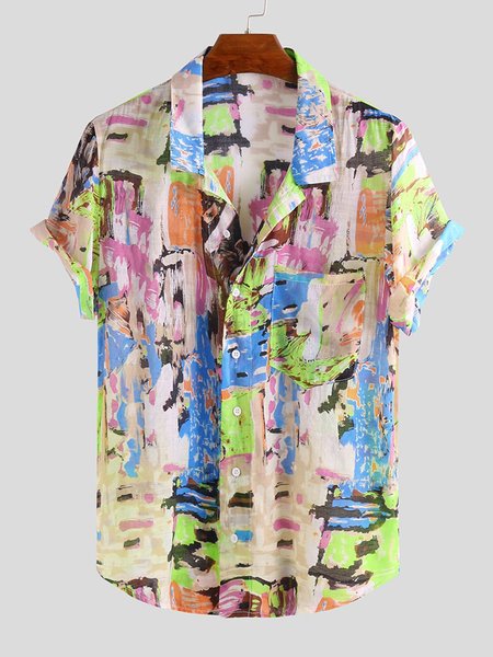 

Men's Graffiti Color Print Short Sleeve Shirt, Green, Men's Top