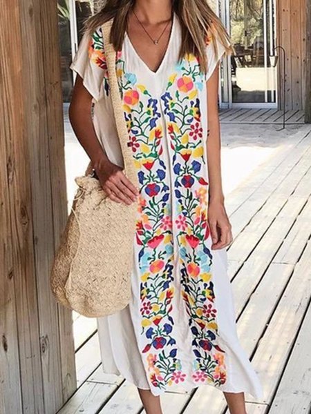

Abito Floreale con Scollo a V di Misto Cotone, Bianco, Casual Dresses