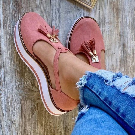

JFN Pumps Flat heel Round combat Women Tassel, Pink, Flats