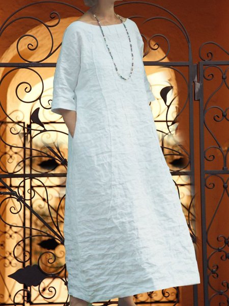 

A-Line Casual Loose Plain Mid Sleeve Dress, White, Linen dresses