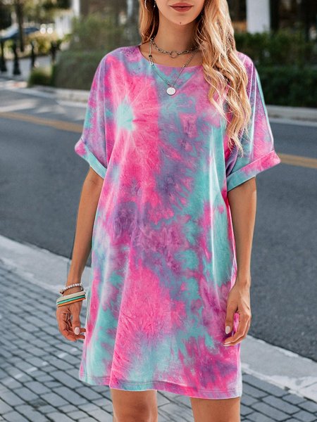 

Pink tie-Dye Shift Casual Mini Dress, Mini Dresses