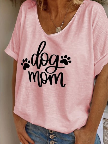 

Summer casual basic simple dog mother letter printed V-neck loose T-shirt, Pink, Tops