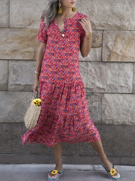 

Red Short Sleeve V Neck Cotton Floral-Print Dresses, Dresses
