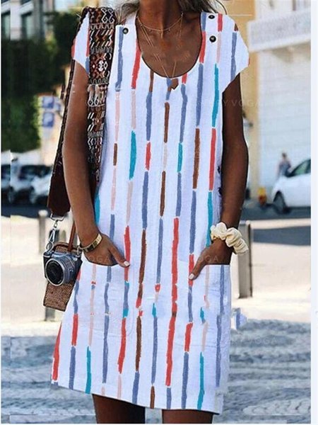

Abito a Righe Girocollo Casuale, Bianco, Casual Dresses
