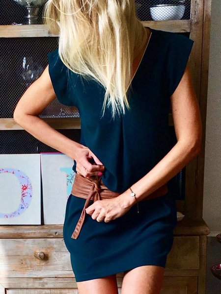

Shift Casual Plain V neck Weaving Dress, Deep blue, Dresses