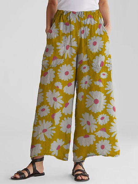 

Pantaloni Vintage Casuale Stampato Floreale, Giallo, Bottoms