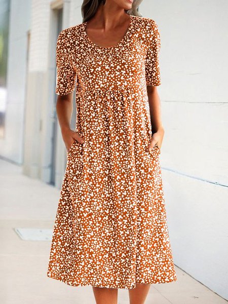 

Women Floral Dress with Pockets Casual Midi Dress, Red, Print Dress