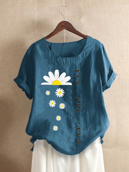 

T-Shirt Casuale Floreale Stampato, Blu, Tops