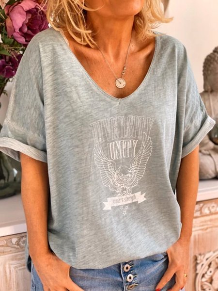 T-Shirt Sciolto Casuale Stampato, Grigio, Tops