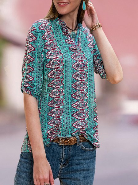 

Blue V Neck Vintage Knitted Exotic Top, Casual Tops