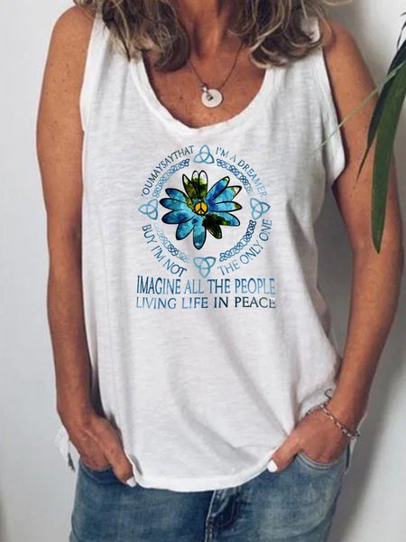 

Casual Plus Size Floral Printed Sleeveless V Neck Tank Tops, White, Tops