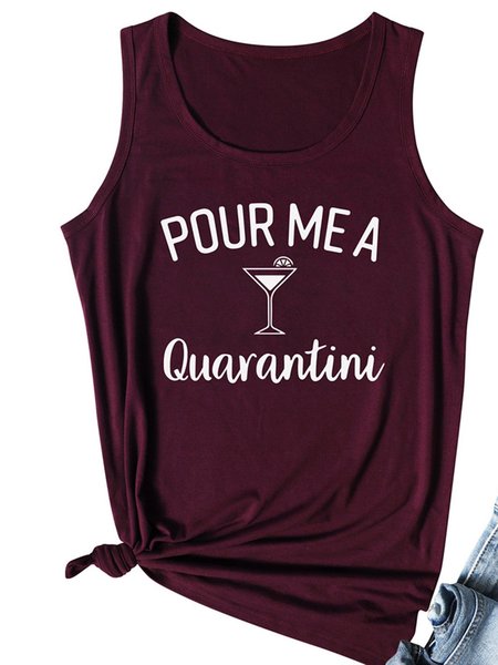 

Letter Round Neck Casual Sleeveless Shirts & Tops, Wine red, Tank Tops