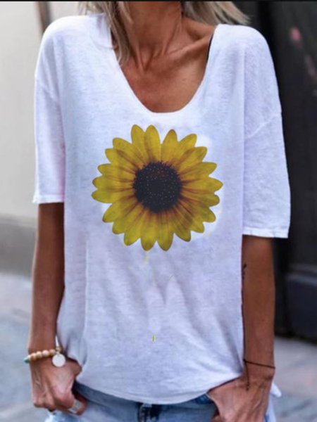 Top a Girocollo Stampato, Bianco, T-Shirts