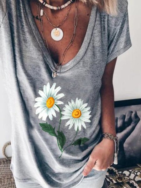 

Gray V Neck Printed Short Sleeve Tops, Blouses & Shirts