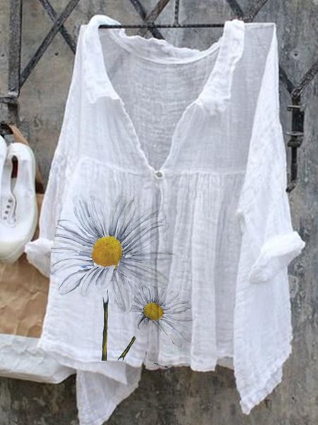 

Flowers Casual Long Sleeve Shirt Collar Shirt, White, Blouses & Shirts