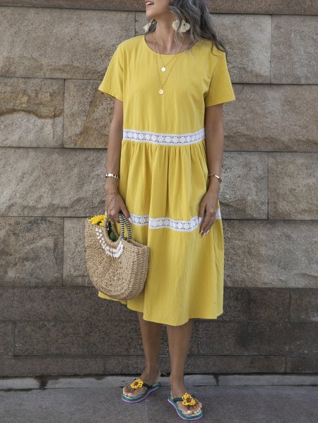 

Yellow Linen Holiday Short Sleeve Plain Dresses, Dresses