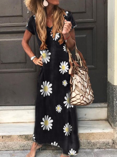 

Sun Floral Cotton V Neck Short Sleeve Casual Maxi Dress, Black, Floral Dress
