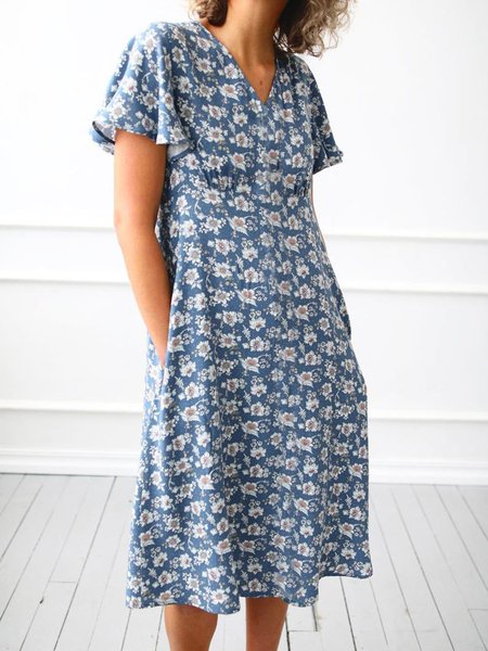 

Women Blue V Neck Casual Floral Printed Short Sleeve Women Dress, Maxi Dresses