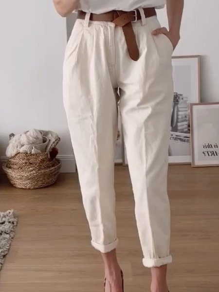 

Beige Pockets Simple Pants, Pants