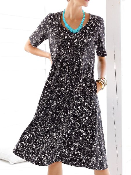 

Women Caftan Printed Pockets Summer Weaving Dress, Black, Casual Dresses