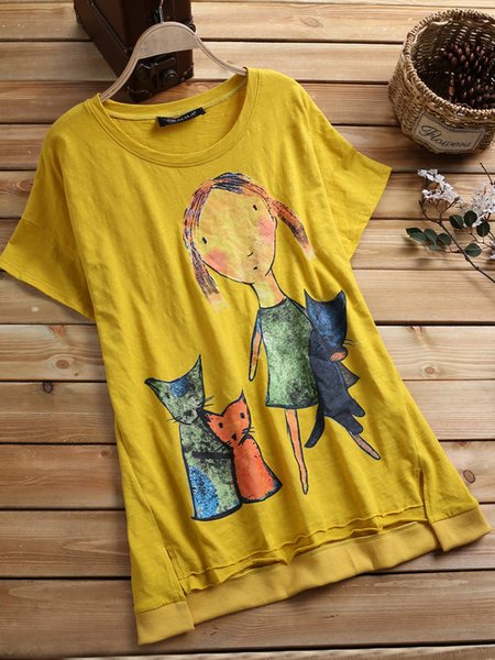 

T-Shirt a Girocollo Stampato Floreale Casuale, Giallo, Tops